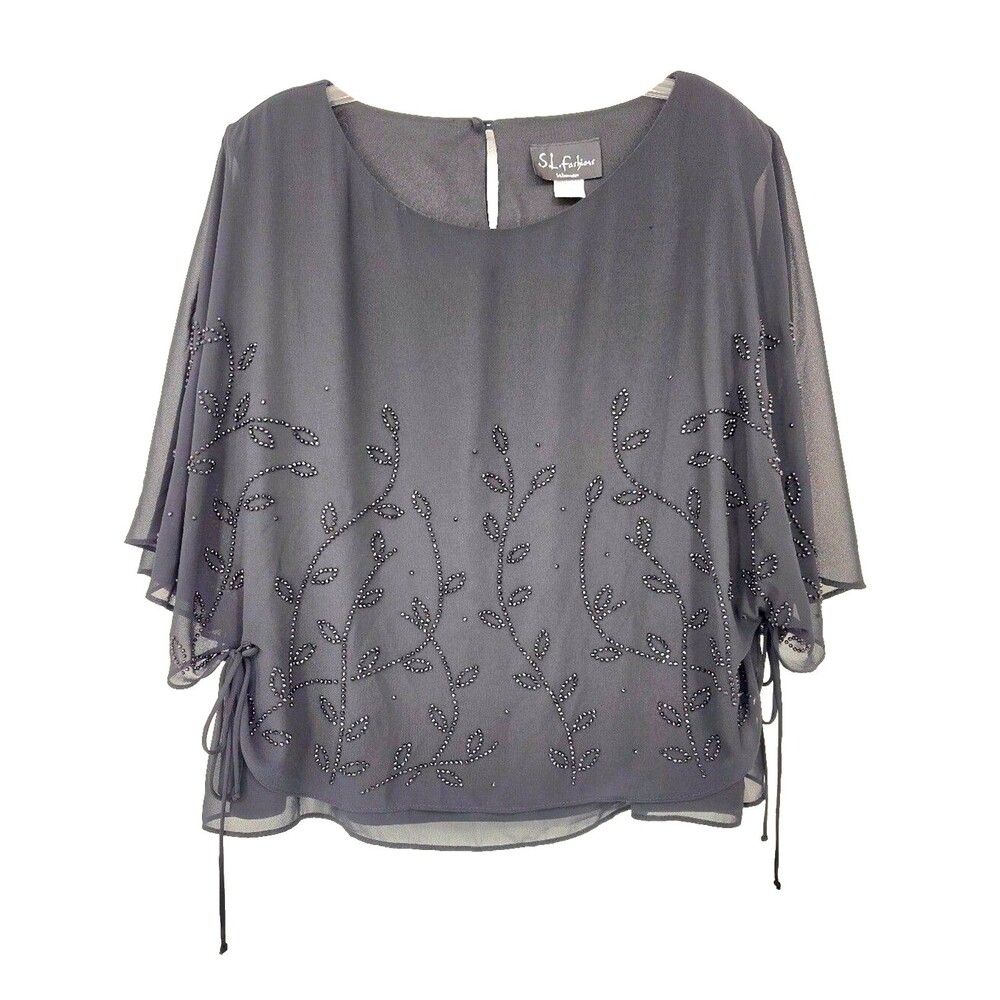 S L Fashions Beaded Black Chiffon Overlay Blouse 20W Flutter Sleeve Quiet Luxury